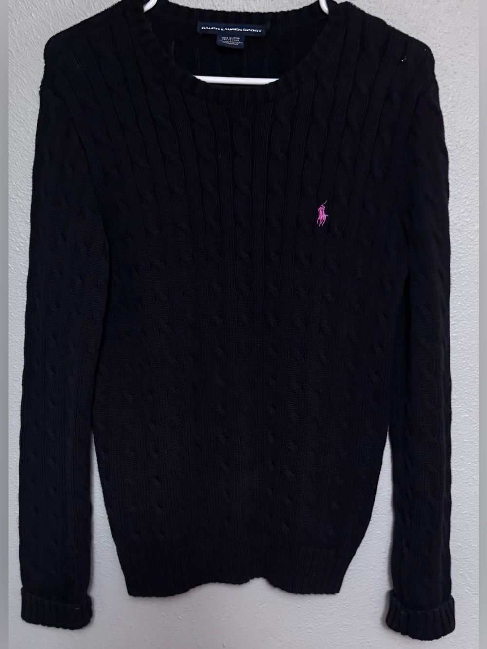 Vintage Ralph Lauren Black Cable-Knit Crewneck Sweater with Pink Pony Logo